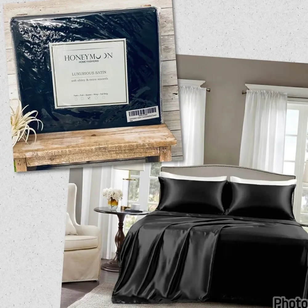 NWT Gorgeous Honeymoon Queen Black Luxury Soft Shiny Smooth Satin 4 pc Sheet Set